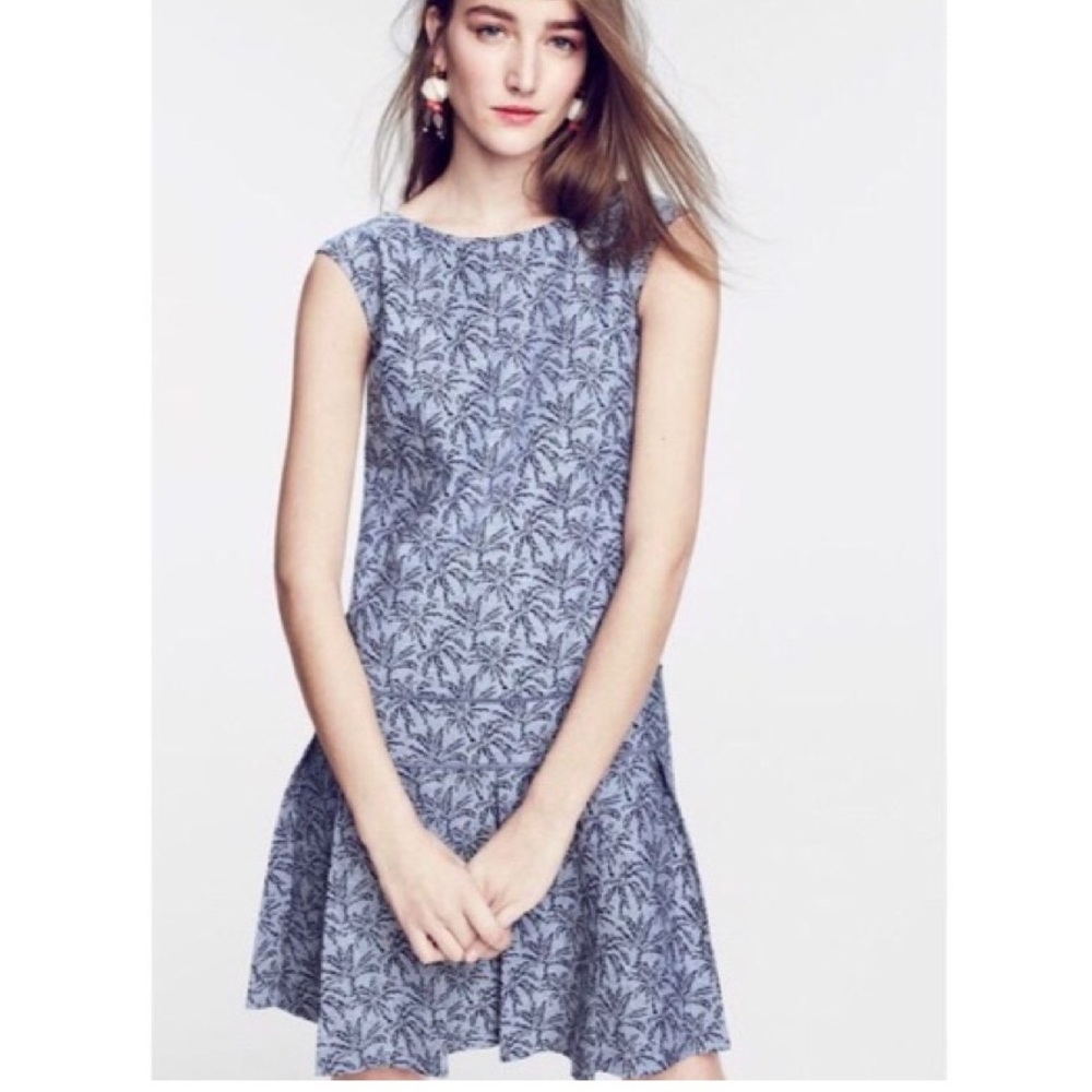 J. Crew Palm Tree 🌴 Blue Drop Waist Dress 4 P